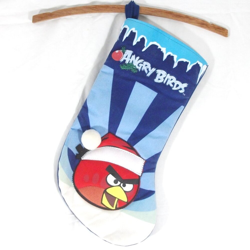 Santa Red ANGRY BIRD Blue Felt Large 16" CHRISTMAS STOCKING